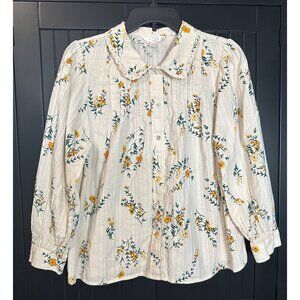 LC Lauren Conrad Womens Blouse Size Large Beige Yellow Floral Long Sleeve Boho